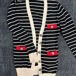 Striped Black and White Cardigan with Red Accents